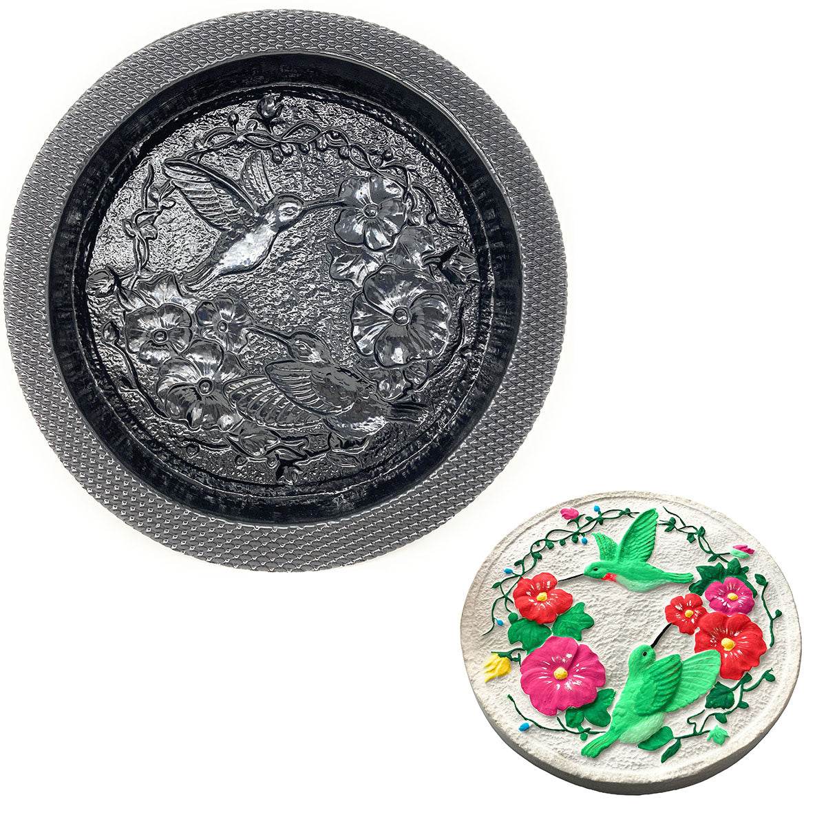 Hummingbird and Flowers Round Stepping Stone Mold, Concrete Cement Mol